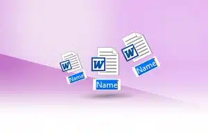 שלושה אייקונים של מסמכי וורד על רקע סגול.