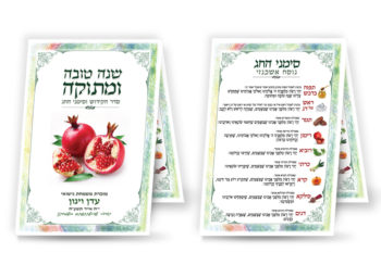 שני כרטיסי שנה טובה פתוחים עם רימונים וסימני החג.