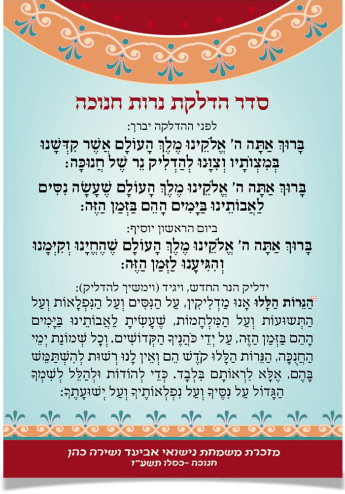 סדר הדלקת נרות חנוכה, מעוטר במסגרת מסורתית.