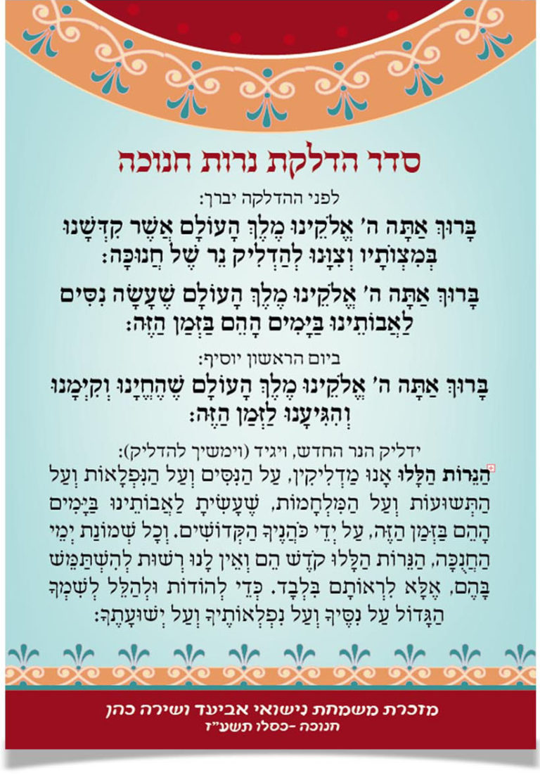 סדר הדלקת נרות חנוכה, מעוטר במסגרת מסורתית.