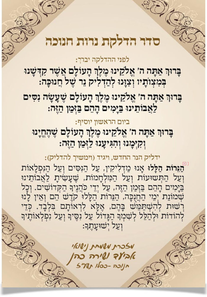 ברכות הדלקת נרות חנוכה עם הקדשה אישית לזכר הורים.