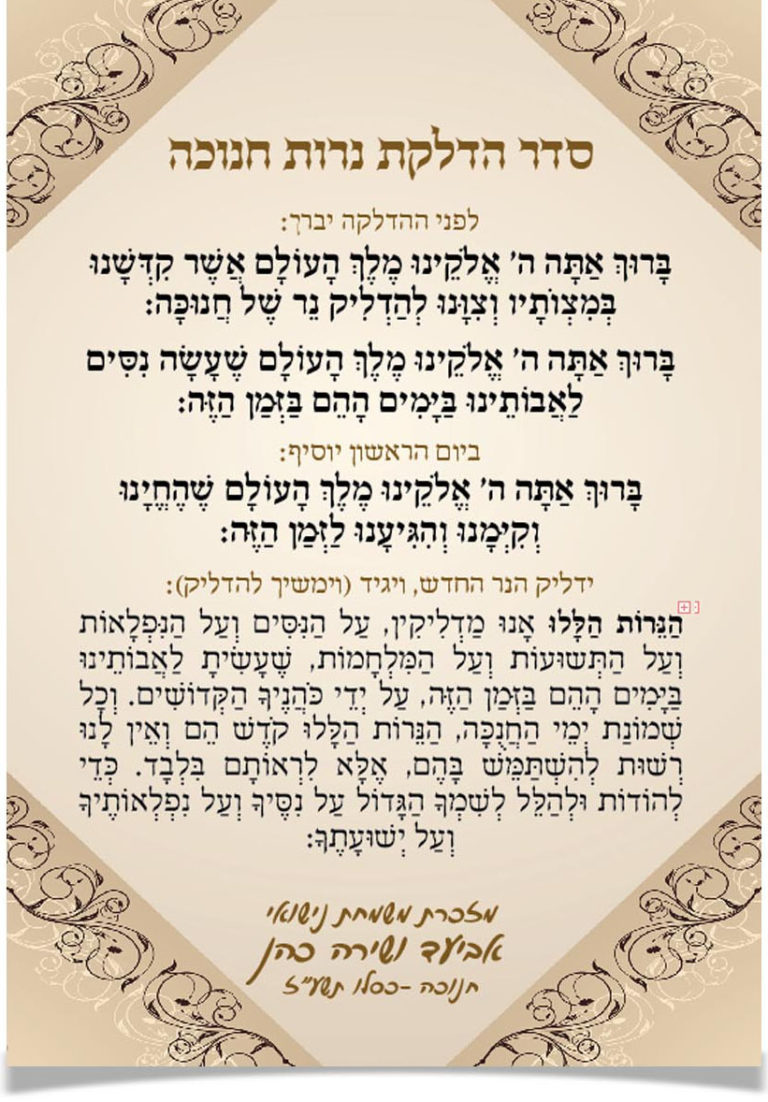 ברכות הדלקת נרות חנוכה עם הקדשה אישית לזכר הורים.