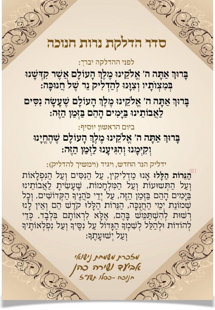 ברכות הדלקת נרות חנוכה עם הקדשה אישית לזכר הורים.