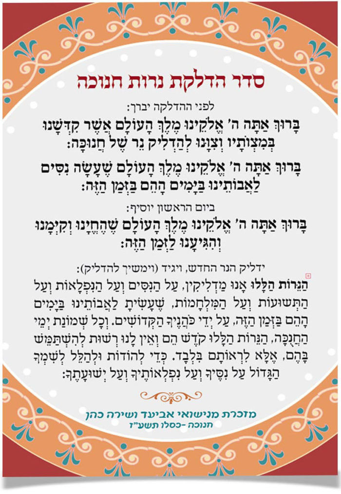 נוסח תפילות הדלקת נרות חנוכה על רקע מקושט.