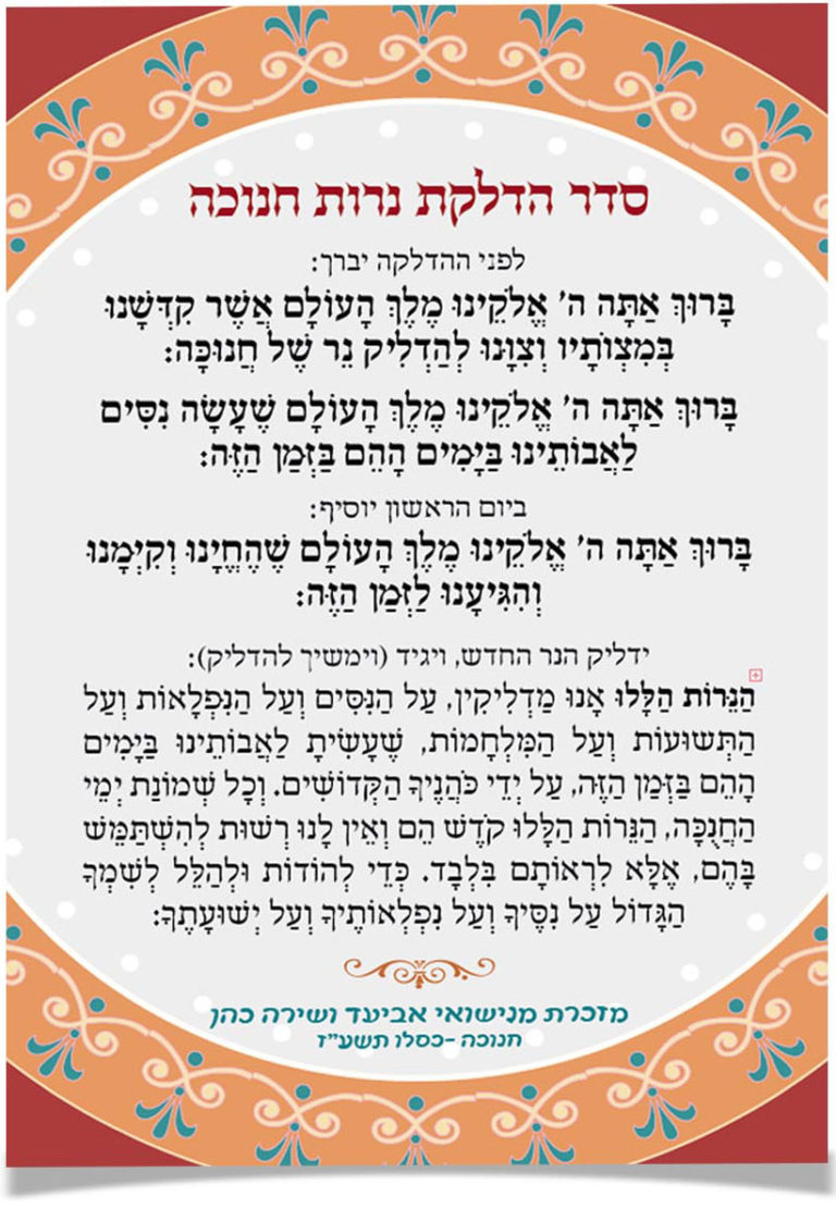 נוסח תפילות הדלקת נרות חנוכה על רקע מקושט.