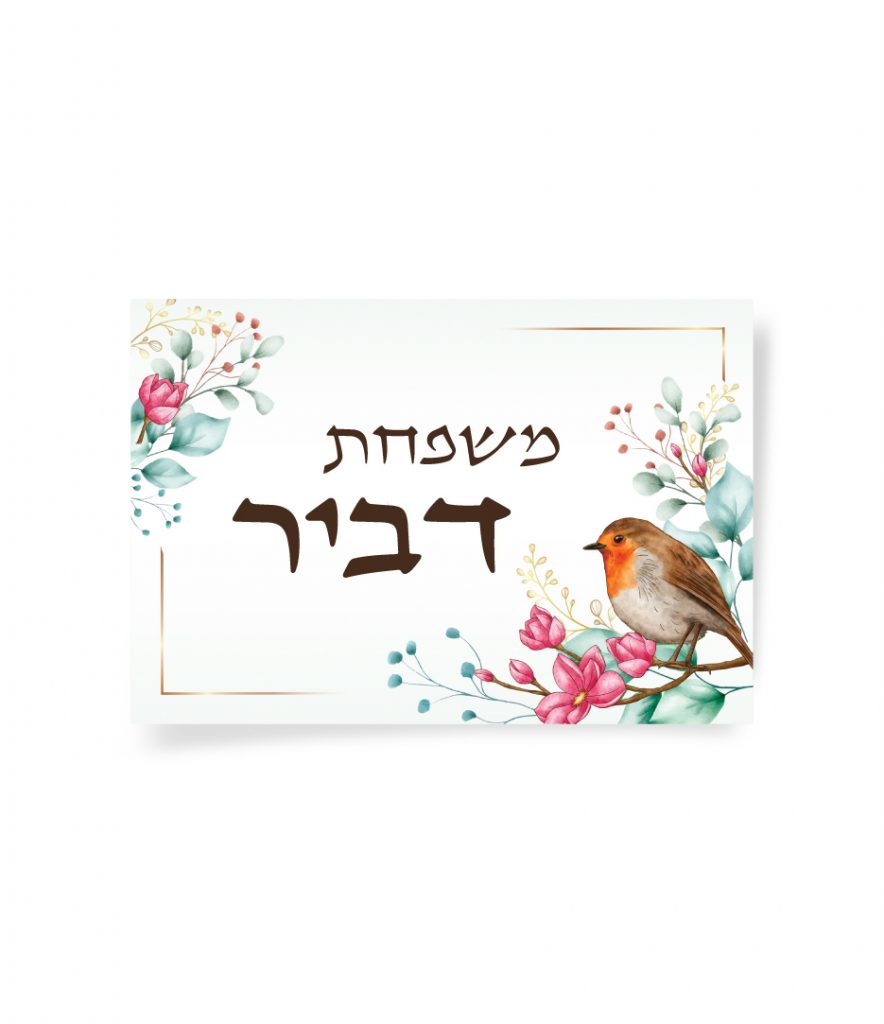כיתוב משפחת דביר עם איור ציפור רובין ופרחים.