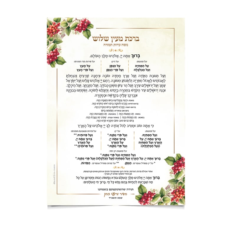 ברכת מעין שלוש עברית, מעוטרת בפירות יער אדומים ועלווה.
