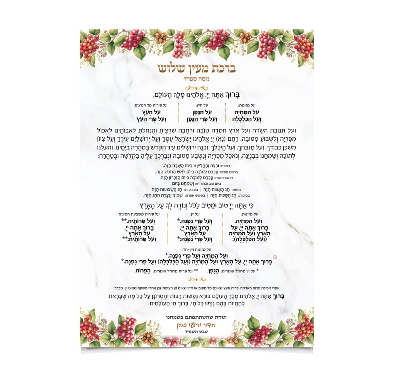 טקסט ברכת מעין שלוש מעוטר בקישוטי גפן אדומים וירוקים.