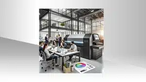 צוות עובדים סביב שולחן פגישות ליד מכונת דפוס תעשייתית גדולה ומתקדמת.