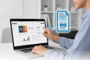אדם משתמש במחשב נייד לשמירת נתונים מהמסך כקובץ PDF להדפסה.