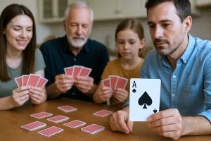 בני משפחה משחקים קלפים, גבר בקדמת התמונה מציג קלף אס עלה.