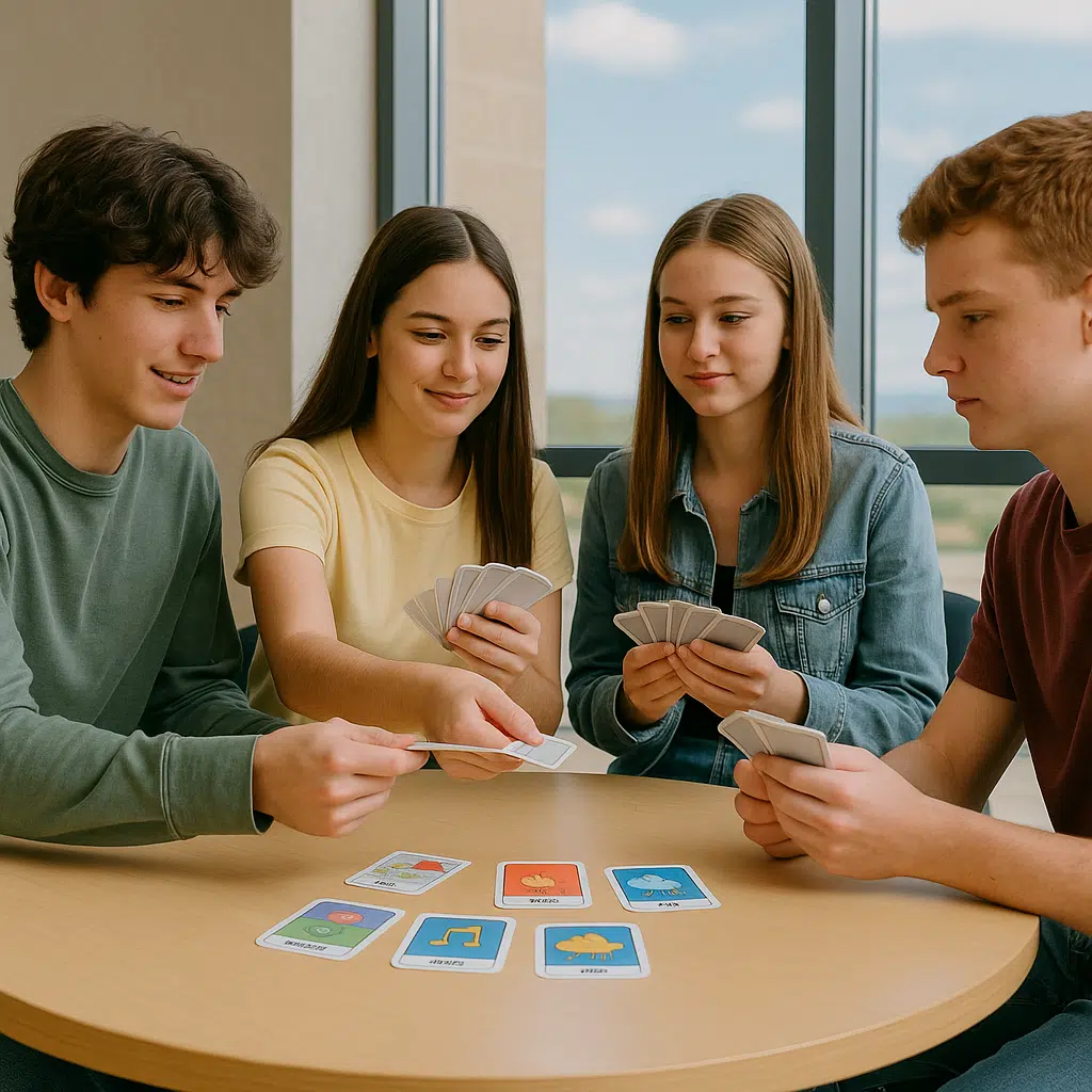 ארבעה בני נוער יושבים סביב שולחן ומשחקים יחד במשחק קלפים.