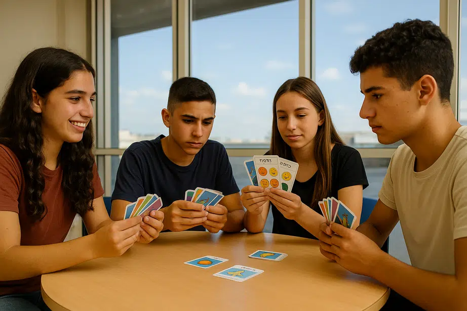ארבעה בני נוער יושבים סביב שולחן עגול ומשחקים יחד במשחק קלפים.