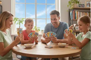 משפחה מחייכת יושבת סביב שולחן עץ ומשחקת בקלפים בחדר מואר.