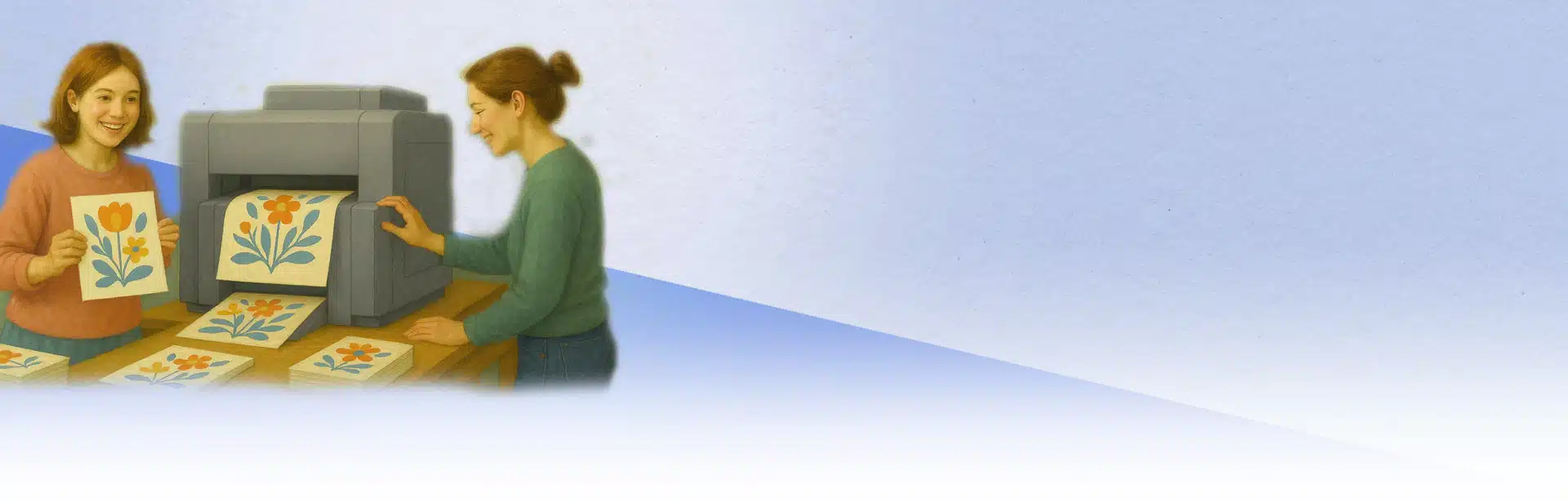 שתי נשים מדפיסות כרטיסים עם איורי פרחים צבעוניים באמצעות מכונת דפוס.