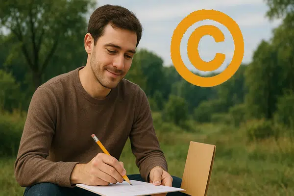 גבר כותב בעיפרון על דף בטבע, לצד סמל זכויות יוצרים כתום.
