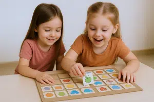 שתי ילדות מחייכות משחקות במשחק לוח הכולל קלפים עם איורים צבעוניים.