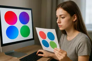 אישה משווה בין דף מודפס למסך מחשב המציגים ארבעה עיגולים צבעוניים.