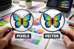 פרפר פיקסלים מול וקטור דרך זכוכיות מגדלת.