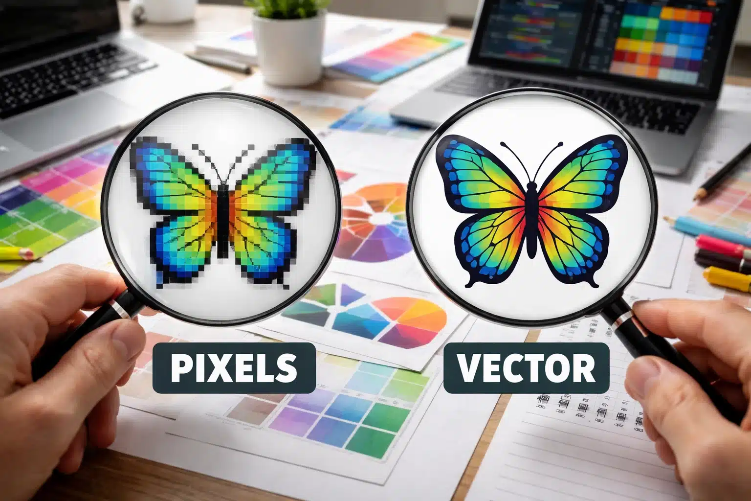 פרפר פיקסלים מול וקטור דרך זכוכיות מגדלת.