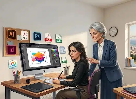 שתי נשים, מעצבת גרפית ומדריכה, עובדות יחד בסטודיו לעיצוב גרפי מול מחשב ולוח דיגיטלי, על רקע אייקונים של תוכנות עיצוב ומדפי ספרים.